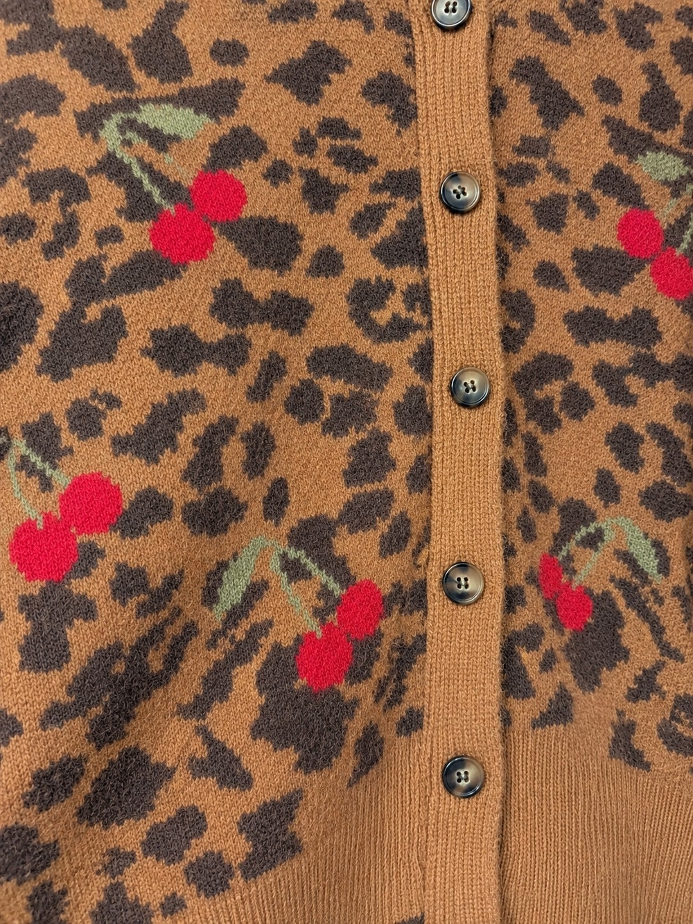 NWT Cider Brown Leopard V-Neck Cardigan with Red Cherry Novelty Print - Picture 2 of 7